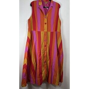 April Cornell XXL Boho Striped Button Front Midi Dress Colorful Cottagecore